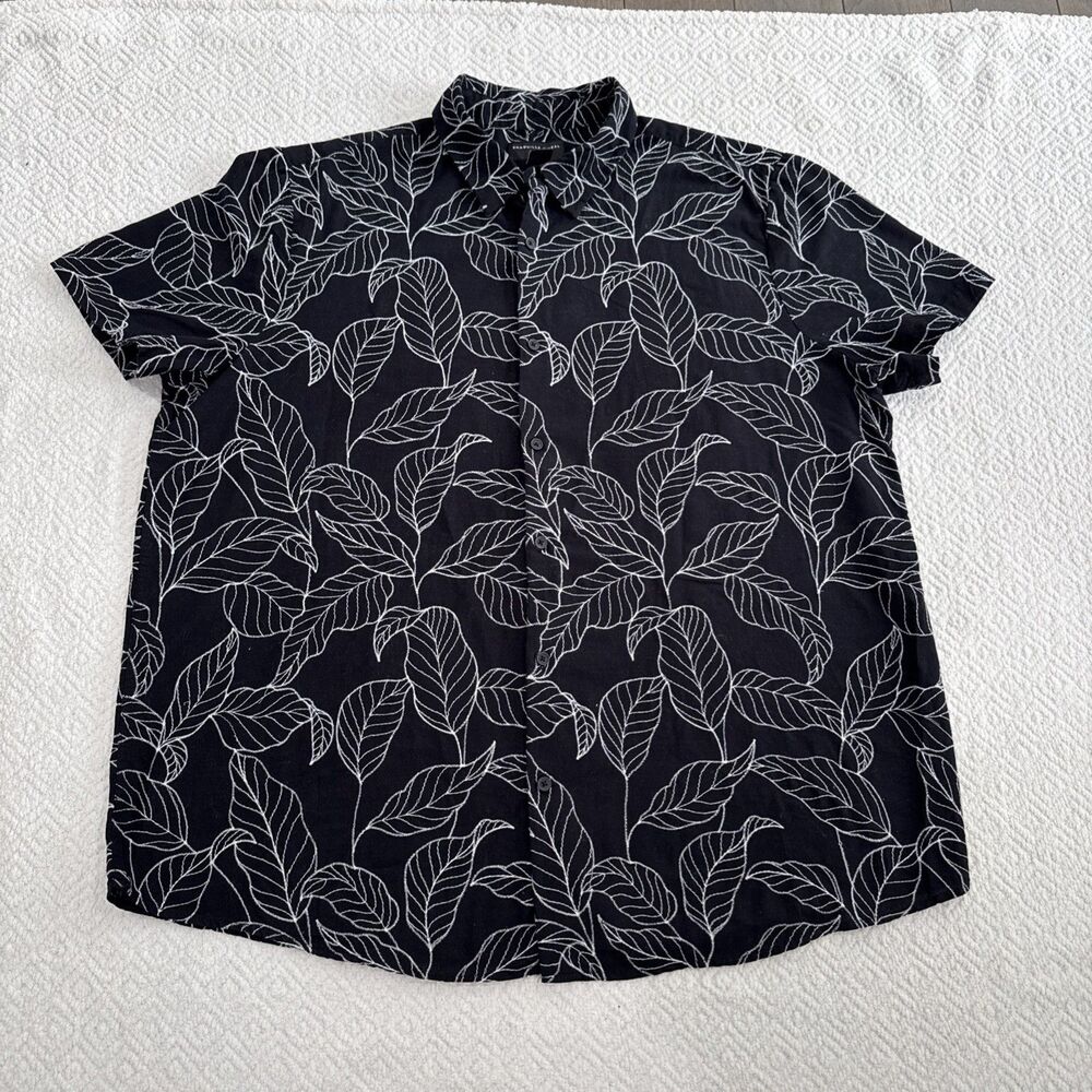 Shaquille O'Neal Men's Casual Button Up Shirt Black XLG 2XL  Cotton Linen Leaf